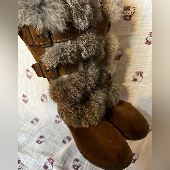 PRIMIGI SUEDE FAUX FUR KNEE-HIGH BUCKLE BOOTS BROWN GRAY BOOTIES GIRL 31 13 12.5 - Picture 10 of 15
